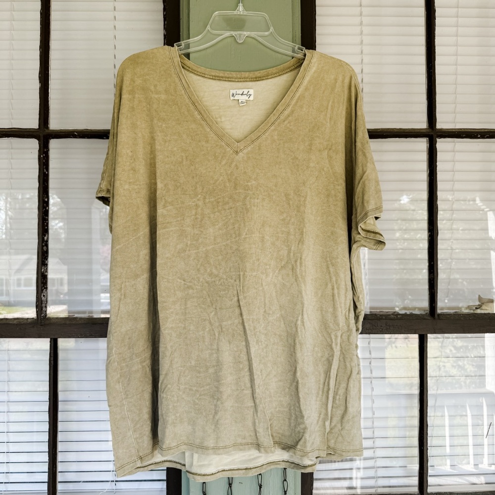 Olive Green Wonderly Acid Wash V Neck Tee Stonewash Hippie Boho Bohemian